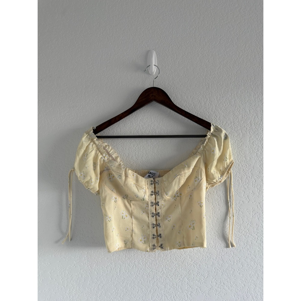 Princess Polly Cottagecore Crop Top Size S Yellow Floral Hook and Eye Closure